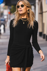 Black Knotted High Waist Long Sleeve Sheath Mini Dress