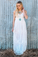 White Contrast Lace Backless Spaghetti Strap Maxi Dress