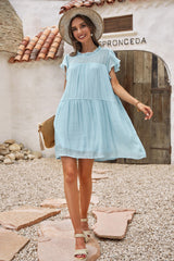 Sky Blue Frilled Neck Ruffle Swing Mini Dress with Pockets