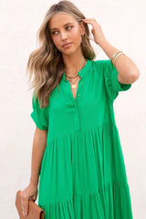 Green Notch V Neck Bubble Sleeve Tiered Maxi Dress