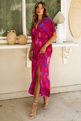 Rose Abstract Floral Print V Neck Dolman Maxi Dress