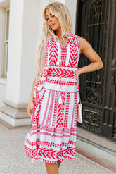 Red Geometric Print Tassel Tie Notch Neck Sleeveless Dress