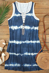 Blue Tie Dye Striped Button Notch V Neck Mini Dress