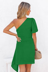 Green Asymmetric Bubble Sleeve Twist Knot Wrap Dress