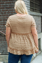 Khaki Plus Size Crinkle Textured Ruffle Trim Babydoll Top