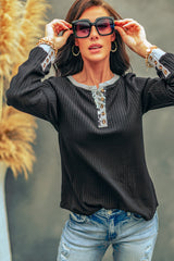 Black Contrast Neckline Ribbed Knit Henley Top