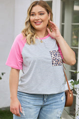Stripe Leopard Patch Pocket Plus Size Raglan Sleeve Tee
