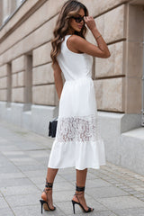 White Lace Crochet Patchwork Sleeveless Long Dress