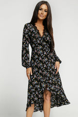Black Wrap Eyelash V Neckline Long Sleeves Floral Dress