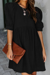 Black Pocketed Puff Sleeve Empire Waist Swing Short Dress
