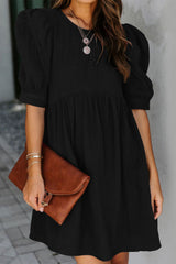 Black Pocketed Puff Sleeve Empire Waist Swing Short Dress