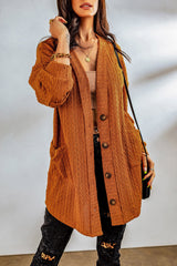 Brown Button Front Pocketed Cable Knit Cardigan