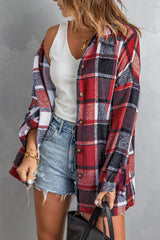 Red Plaid Print Buttoned Shirt Jacket