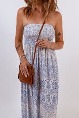Blue Tube Smocked Wide Leg Floral Jumpsuit