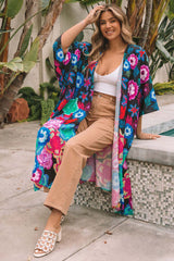 Multicolor Bohemian Floral Print Half Sleeve Open Front Kimono