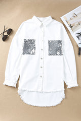 White Sequin Pockets BF Distressed Shacket