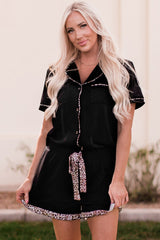 Black Leopard Long Sleeve Shirt and Shorts Lounge Set