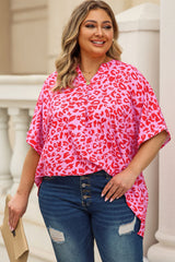 Rose Leopard Print V Neck Half Sleeve Plus Size Blouse