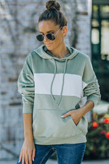 Green Contrast Wide Band Front Drawstring Hoodie