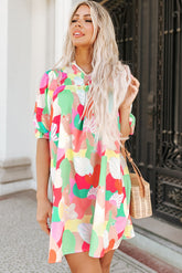 Multicolor Abstract Print Notch V Neck Puff Sleeve Dress