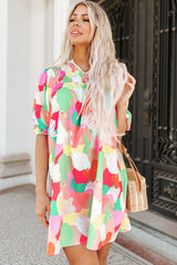 Multicolor Abstract Print Notch V Neck Puff Sleeve Dress