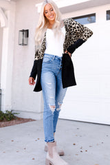 Black Leopard Print Patchwork Pocket Cardigan
