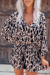 Leopard Print Crinkle Belted Amicgp V Neck Romper