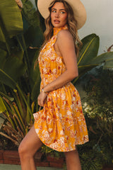 Yellow Sleeveless Smocked Waist Floral Dress