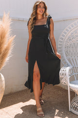Black Tie Shoulder Smocked Back Side Slit Maxi Dress