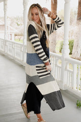 Stripes Mixed Stripes Pocketed Split Long Cardigan