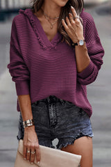 V Neck Ribbed Drop Shoulder Hooded Sweater