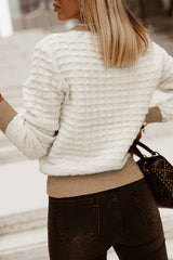 White Textured Knit Contrast Long Sleeve Sweater