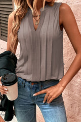 Khaki Pleated Front Notched Neck Sleeveless Top