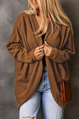 Brown Waffle Knit Open Front Rounded Hem Cardigan
