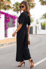 Black Deep V Neck High Waist Wide Leg Jumpsuit