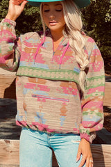 Multicolor Aztec Printed Kangaroo Pocket Zipped Hoodie
