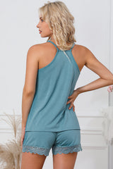 Sky Blue Lace Patchwork Spaghetti Strap Two Piece Lounge Set