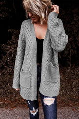 Gray Open Front Woven Texture Knitted Cardigan with Pockets