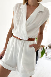 White Collared Wrap V Neck Lightweight Textured Romper