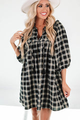 Black Plaid Print Notched Neck Puff Sleeve Babydoll Dress