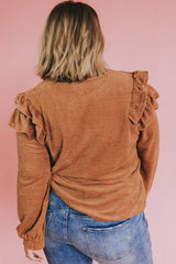 Brown Plus Size Solid Ruffled Tiered Long Sleeve Top