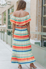 Stripe Print Lace-up Ruffled Off Shoulder Maxi Dress
