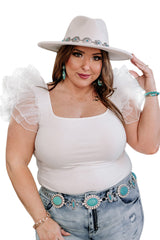 White Ribbed Knit Tulle Ruffle Sleeve Plus Size Bodysuit