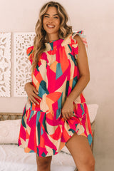 Red Abstract Geometric Print Flutter Sleeve Babydoll Dress