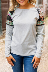 Round Neck Tribal Striped Raglan Top