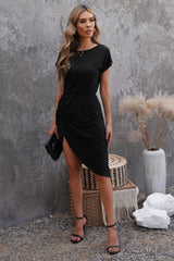 Black Side Shirring Short Sleeve Mini Dress