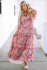 Red Boho Floral Paisley Print Tassel Tie V Neck Maxi Dress