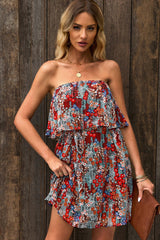 Red Floral Print Tiered Ruffled Bandeau Mini Dress