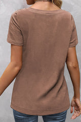 Khaki Color Block Patchwork Button V Neck T-shirt