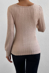 Khaki Square Neck Bubble Sleeve Textured Knit Top